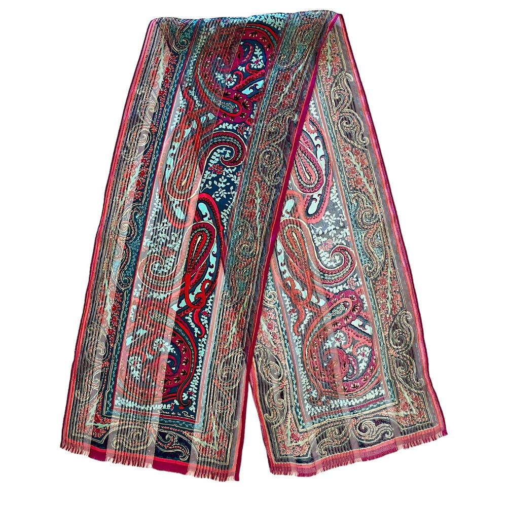 Oscar de la Renta Vintage Paisley Metallic Gold Silk Fringe Long Scarf